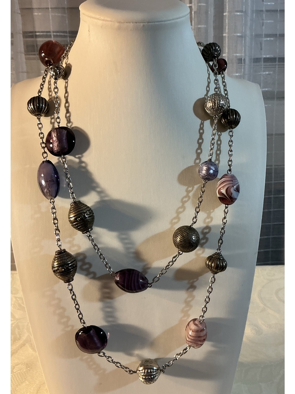 Purple Art Glass Cabochons & Filigree Glass Bead Silver Tone Necklace
